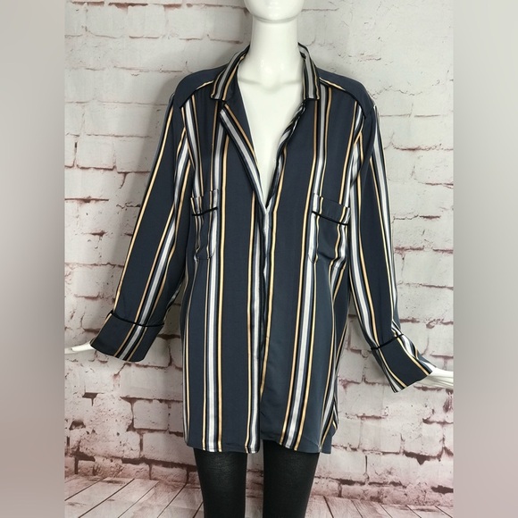 Vintage ESCADA SPORT 16 Oversized silky grey & gold striped  blouse Size EU 46 - Picture 10 of 16